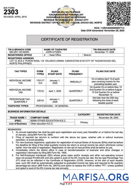 Downloadable Philippines certificate of registration Word and PDF template, version 3